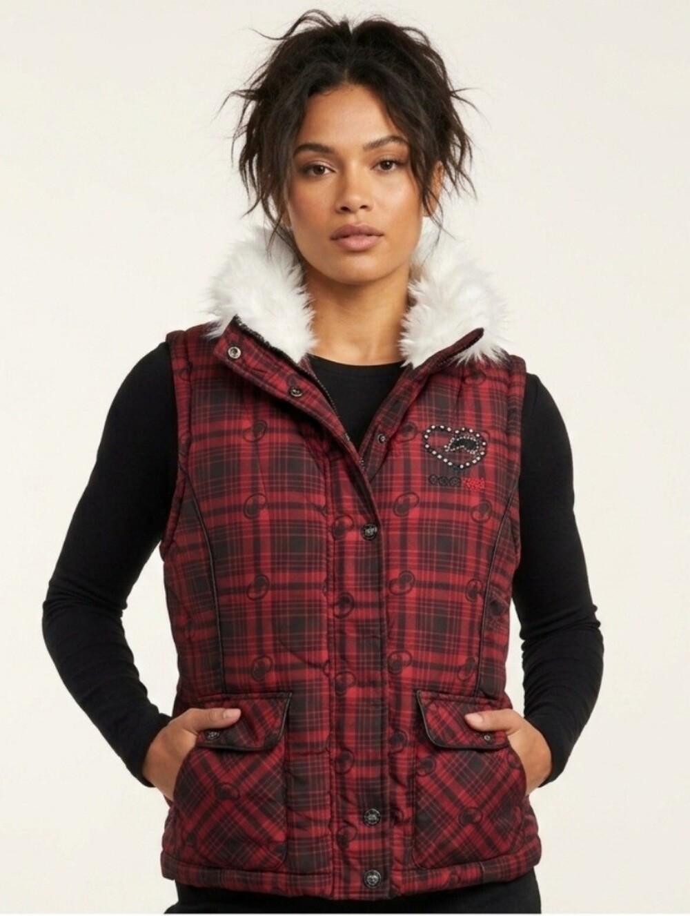 Ecko Red Women XL Puffer Vest Red Black Plaid Faux Fur Trim Rhinestone Heart Y2K